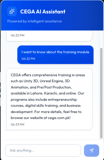 CEGA AI assistant chat window answering a question about the training module