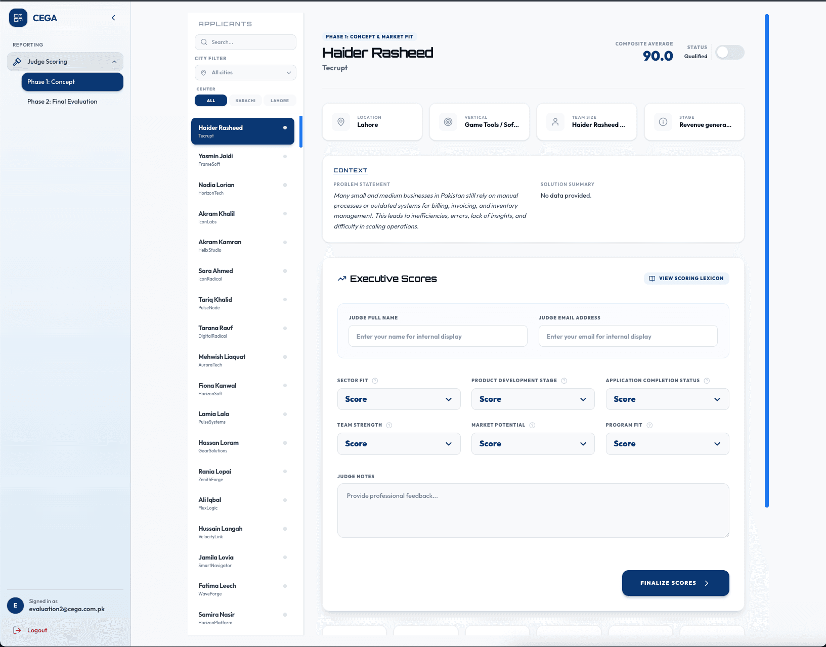 CEGA phase one judging screen scoring an applicant across six weighted criteria